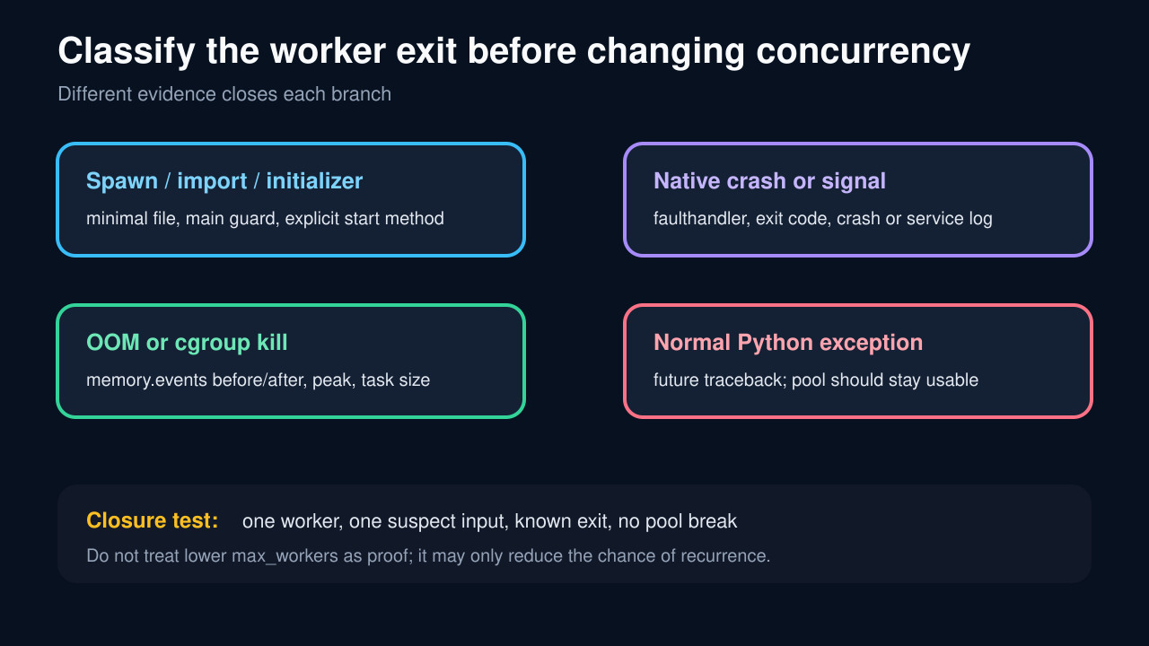 Original decision diagram separating Python process-pool spawn failures, native crashes, OOM kills, and normal task exceptions.