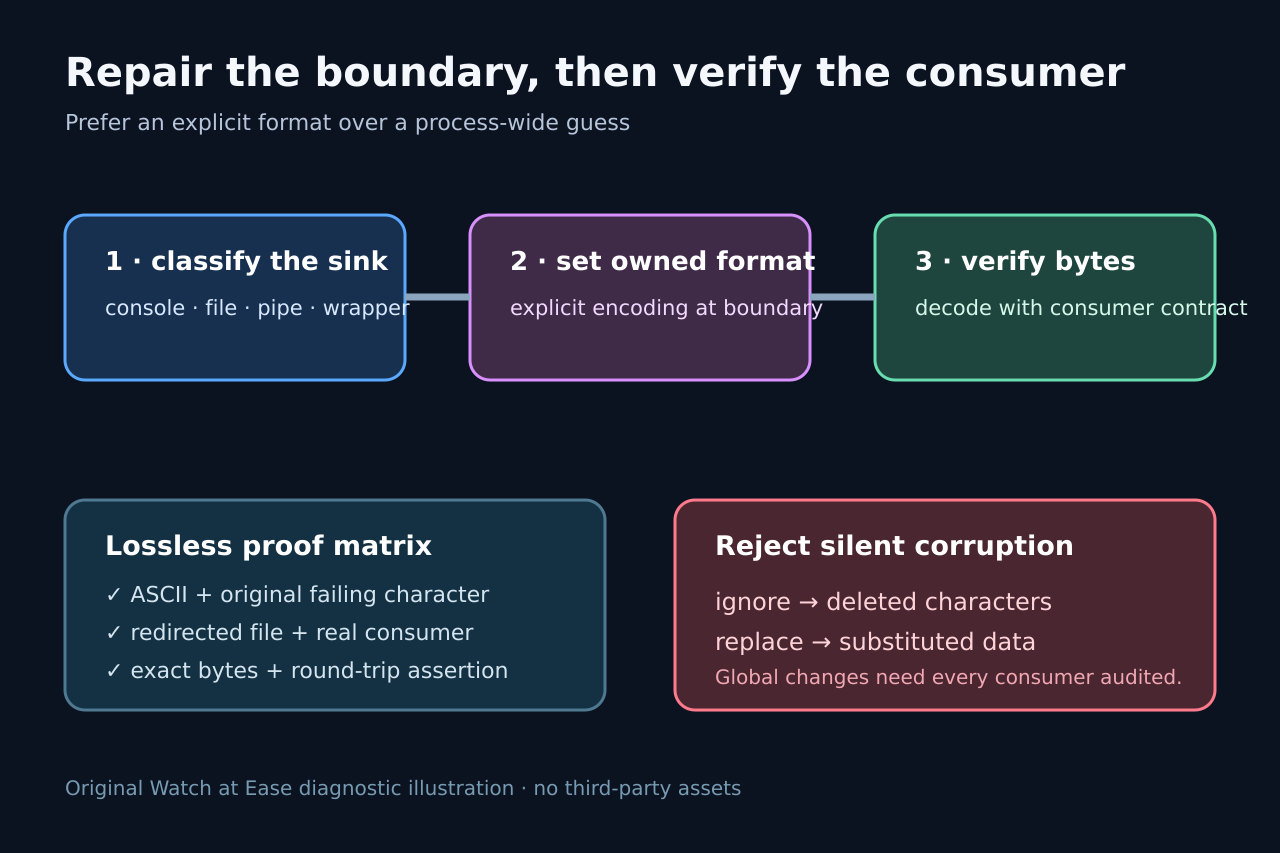 Original decision diagram showing sink classification, an explicit boundary encoding, byte verification and warnings against ignore or replace.
