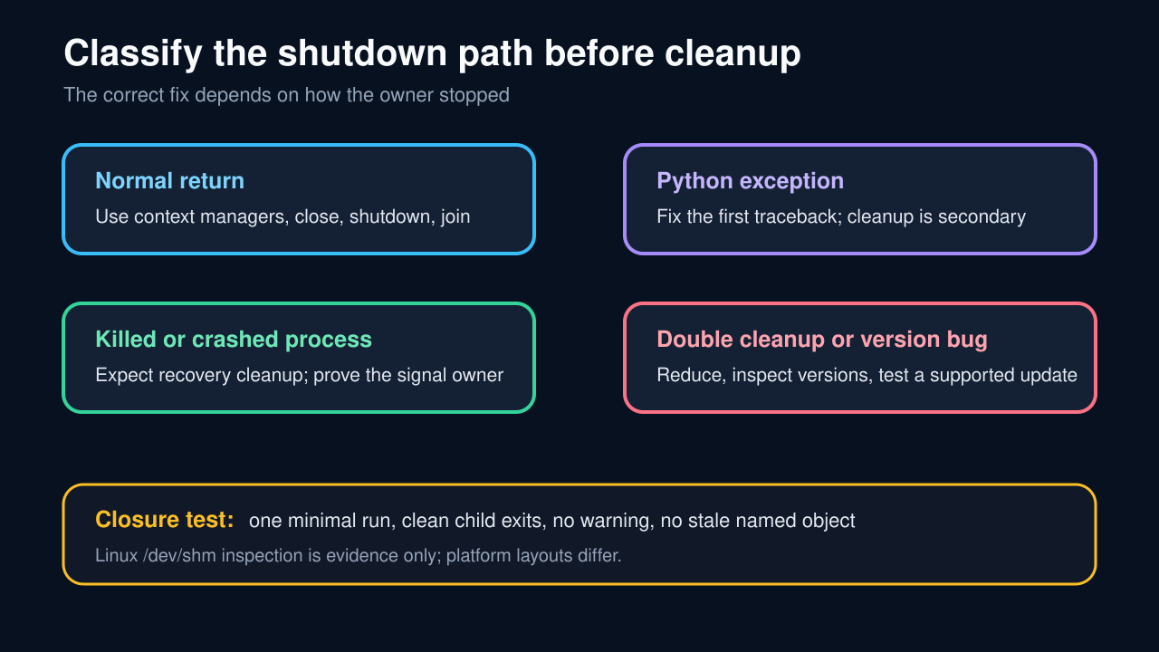Original decision diagram separating normal Python shutdown, an exception, a killed child, and double cleanup or a version bug.