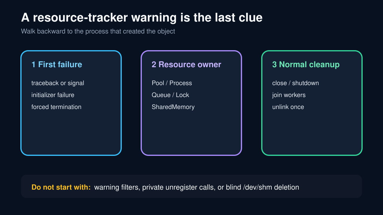 Original technical diagram tracing a Python resource-tracker shutdown warning back through the first failure, resource owner, and normal cleanup path.