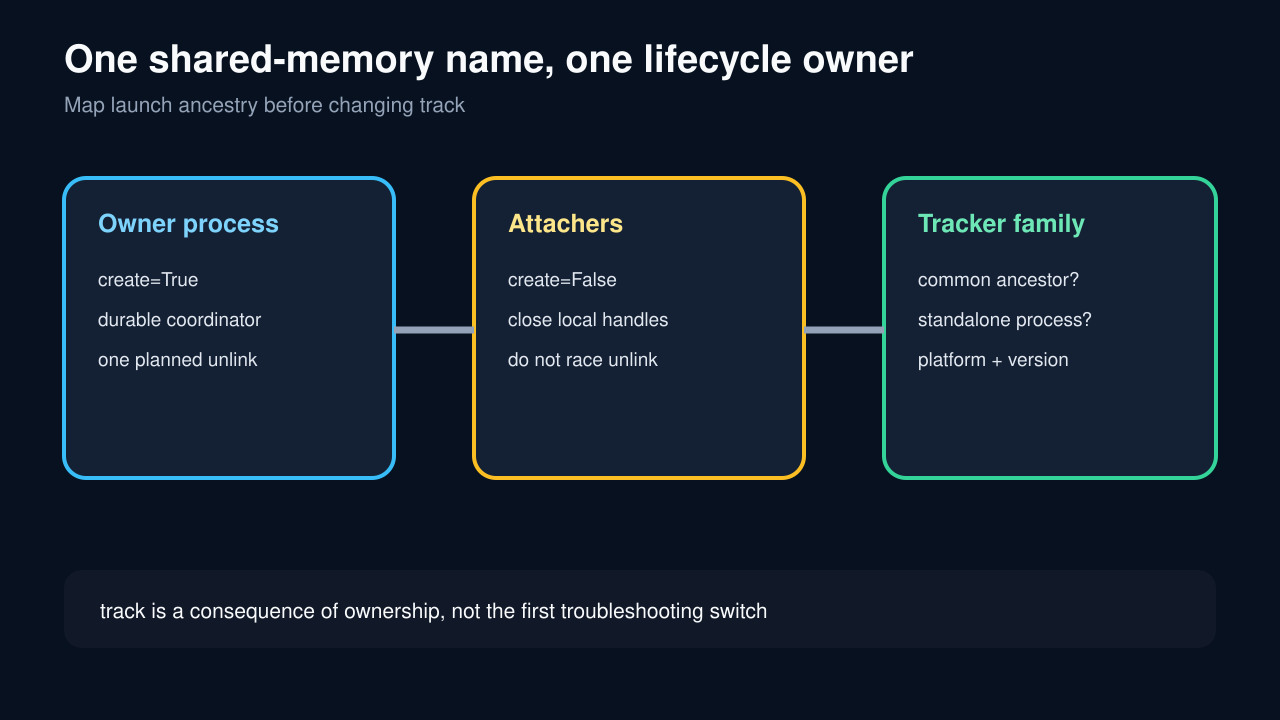 Original diagram mapping a shared-memory creator, attachers, tracker family and one unlink owner.