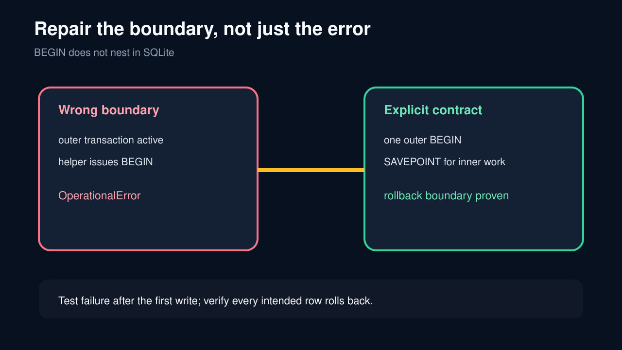 Original diagram comparing a nested BEGIN failure with one outer transaction and an inner SAVEPOINT.