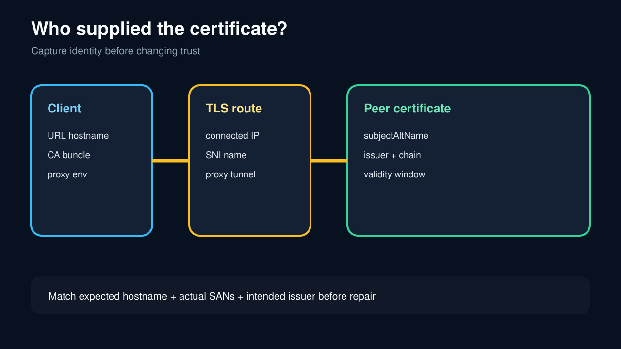 Original diagram tracing a Python HTTPS request from URL and CA bundle through SNI and proxy to peer certificate SANs and issuer.