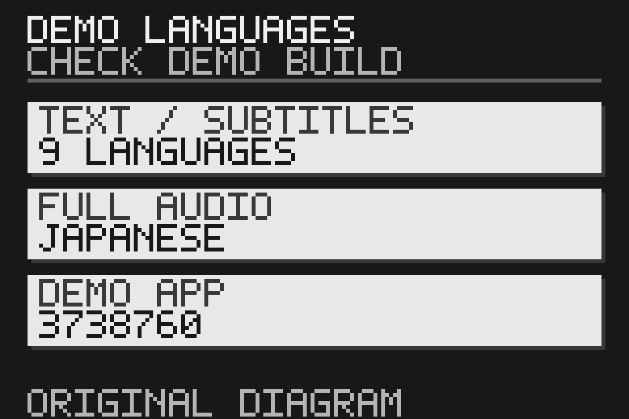 Ilustración de píxeles original: nueve idiomas de texto, audio japonés e identidad propia de la demo.