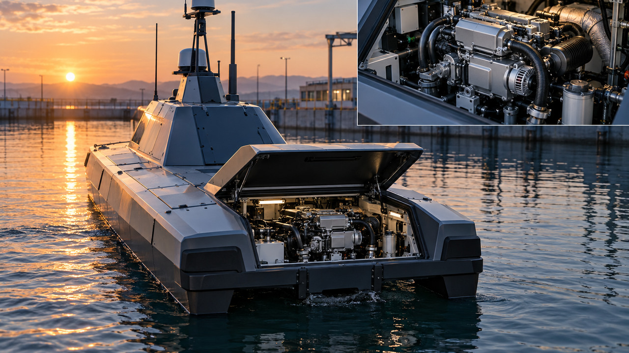 Original editorial illustration of an unbranded autonomous surface vessel with a visible generic engine compartment.