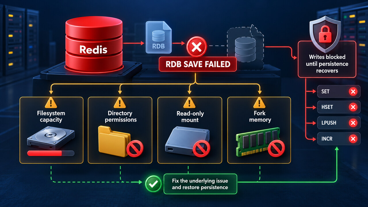 Redis RDB 실패를 capacity, permission, read-only, fork memory로 나눈 원본 그림.