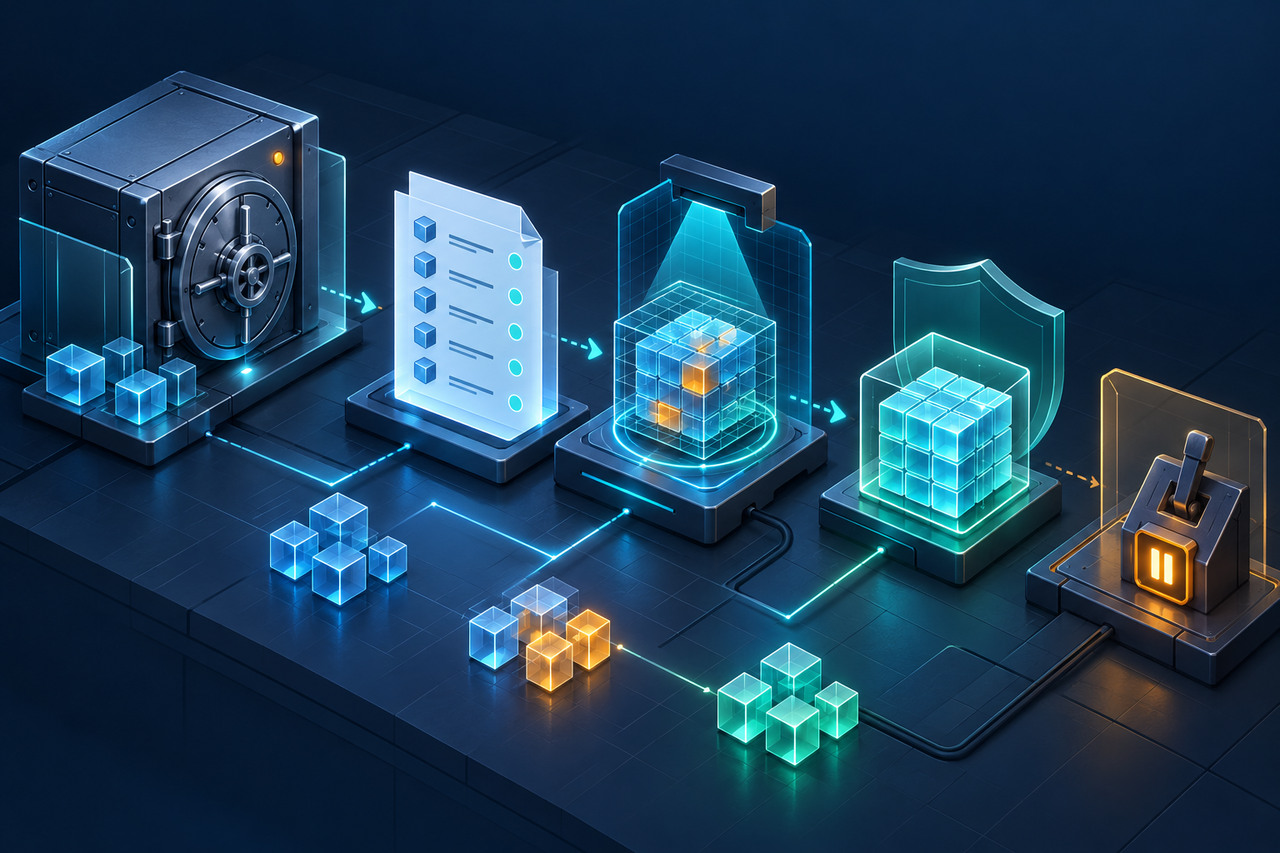 保護されたbackup repositoryから読み取り専用修復台帳へ流れ、変更gateが閉じているオリジナル概念イラスト。