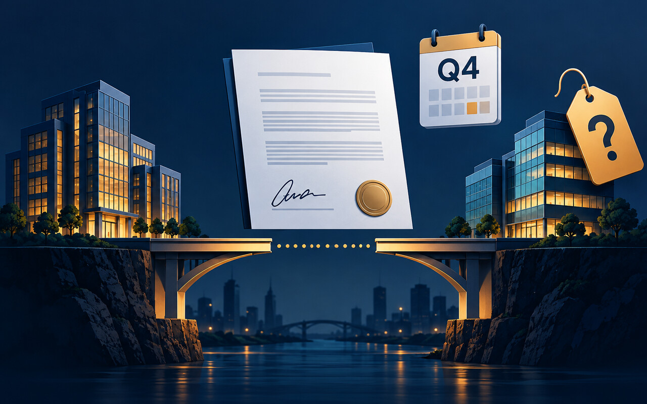 Original editorial illustration of a signed acquisition agreement above an incomplete bridge, with a Q4 calendar and undisclosed-price symbol.