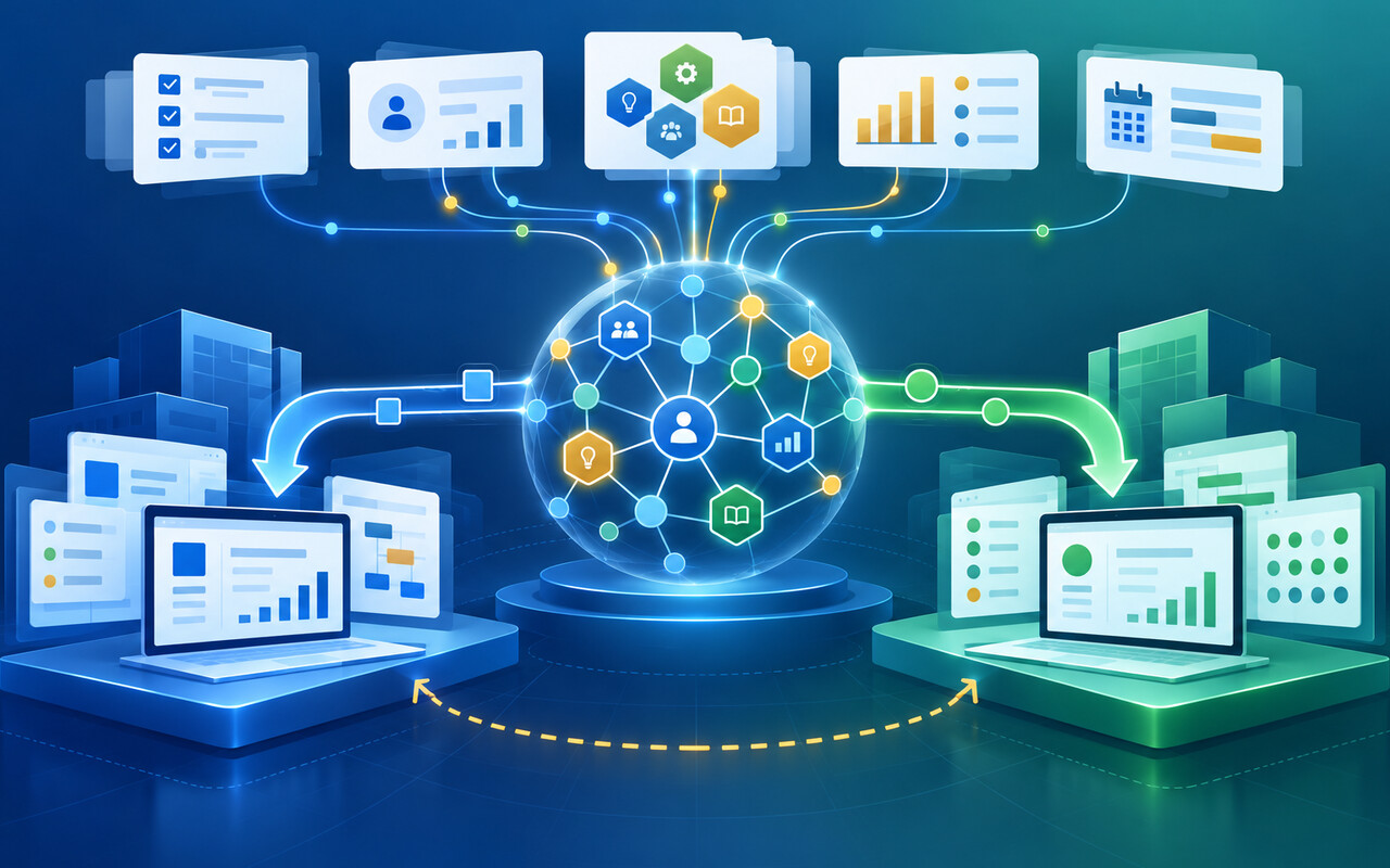 Original editorial illustration of a workforce skills graph branching toward two separate software environments.