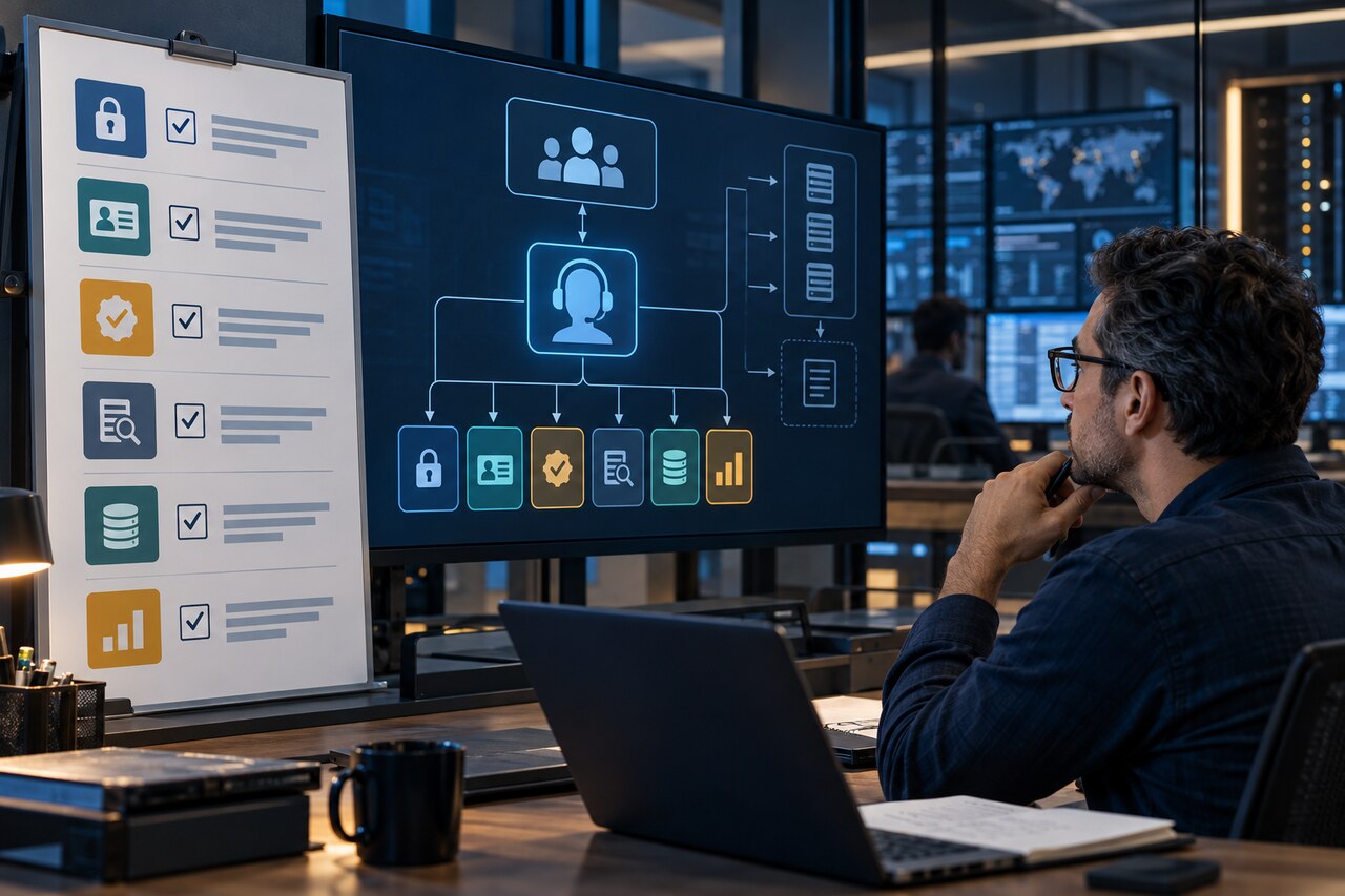 Original editorial illustration of an IT administrator reviewing permissions, identity, approvals, audit, retention and cost controls.