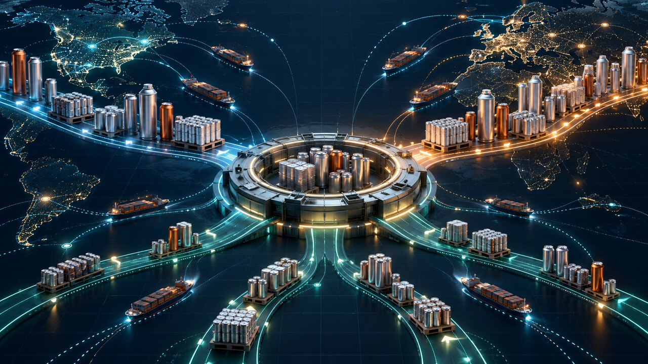 Original editorial illustration of unbranded metal packaging linked across an abstract global logistics network.