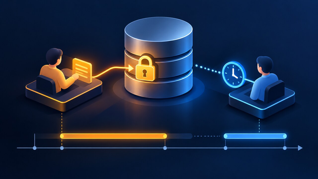 原创示意图:一个 SQLite 写入者持锁,另一个连接在有界计时器旁等待。