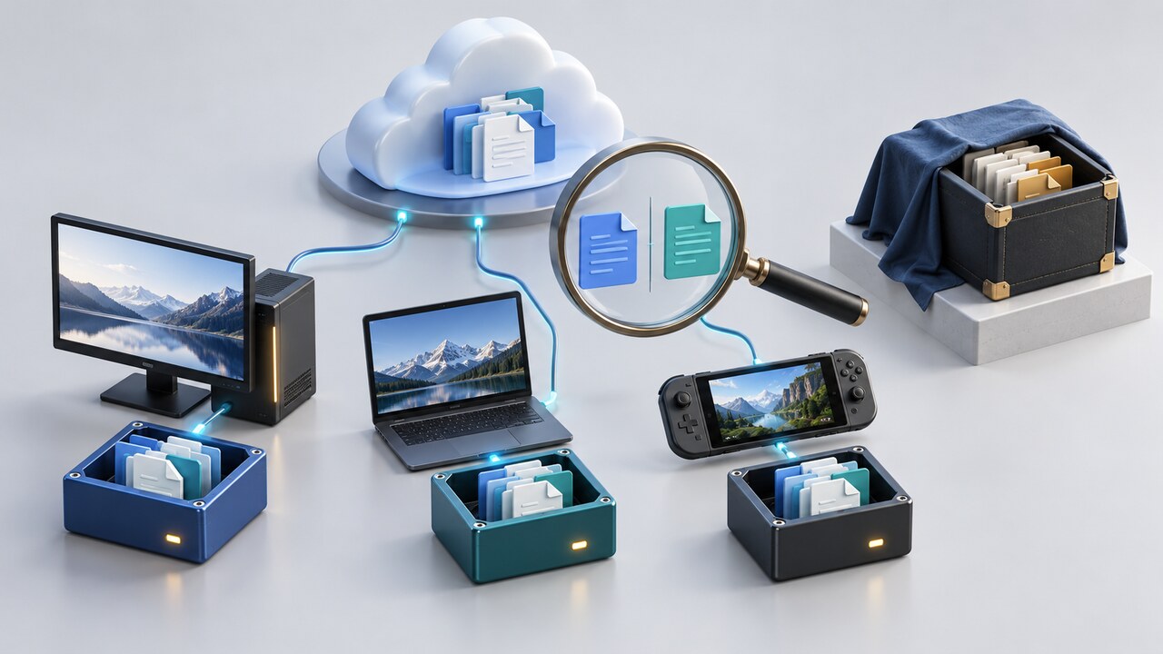 Original editorial illustration comparing local copies from several devices, a cloud copy, and a protected archive.