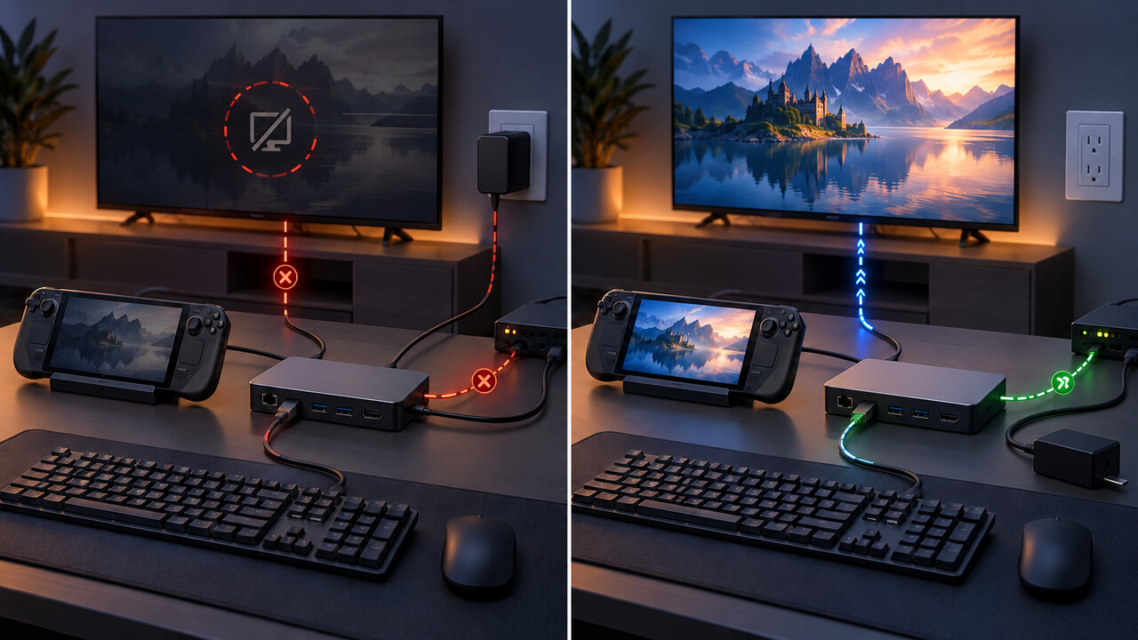 Ilustración conceptual original que compara la misma ruta de un dock de Steam Deck con la alimentación conectada y retirada