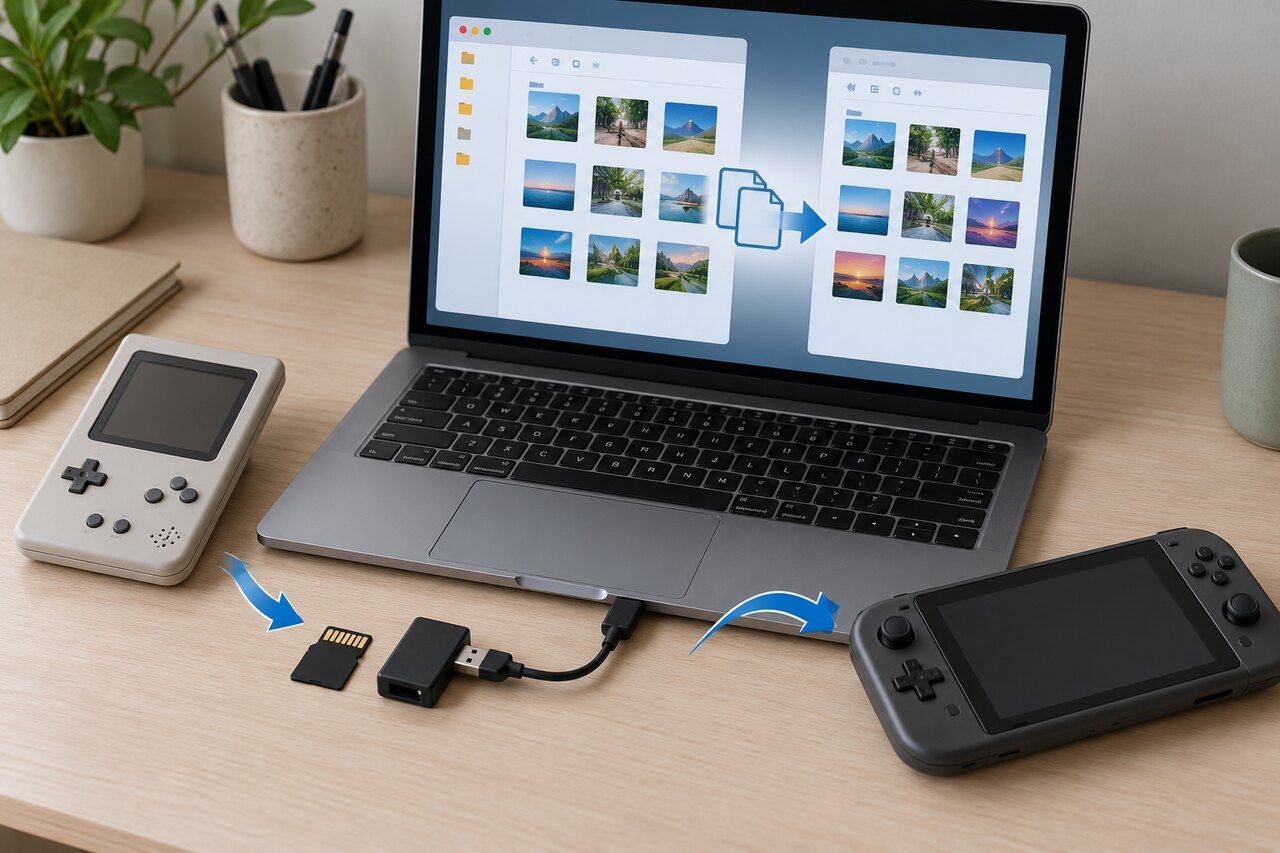 Una consola portátil sin marca, una microSD con lector, una copia en un ordenador y otra consola forman un flujo de conservación e importación.