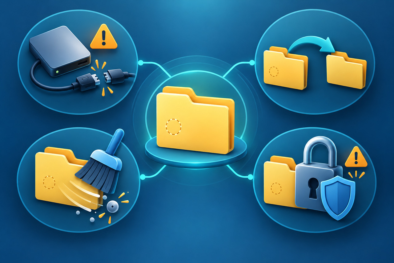 Original concept illustration separating four causes of a missing Syncthing folder marker