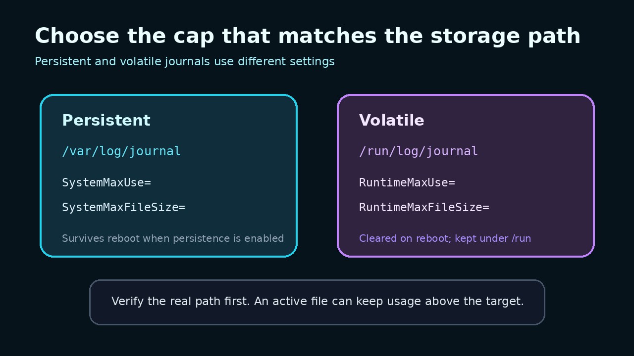 Original editorial illustration comparing persistent journal storage under var with volatile journal storage under run and their separate size settings.