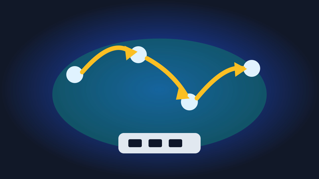 Original abstract illustration of global demand routes converging on electronics components.