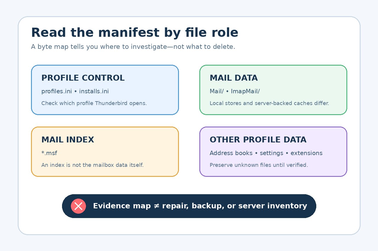 Original editorial illustration grouping a Thunderbird manifest into profile control, mail data, mail indexes and other profile data.
