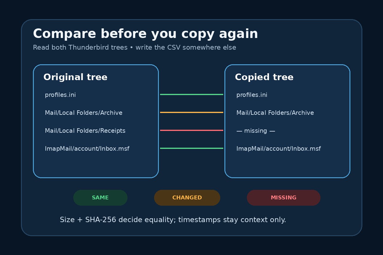 Original editorial illustration comparing an original Thunderbird data tree with its copied tree, showing same, changed and missing file rows.
