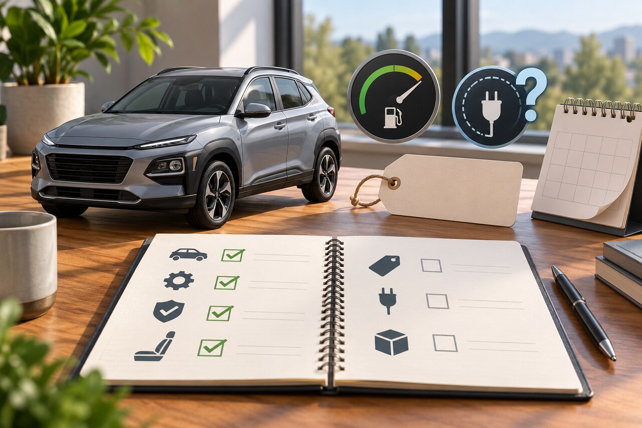 Original conceptual editorial illustration of a generic SUV beside a buyer checklist, blank price tag and uncertain charging icon.