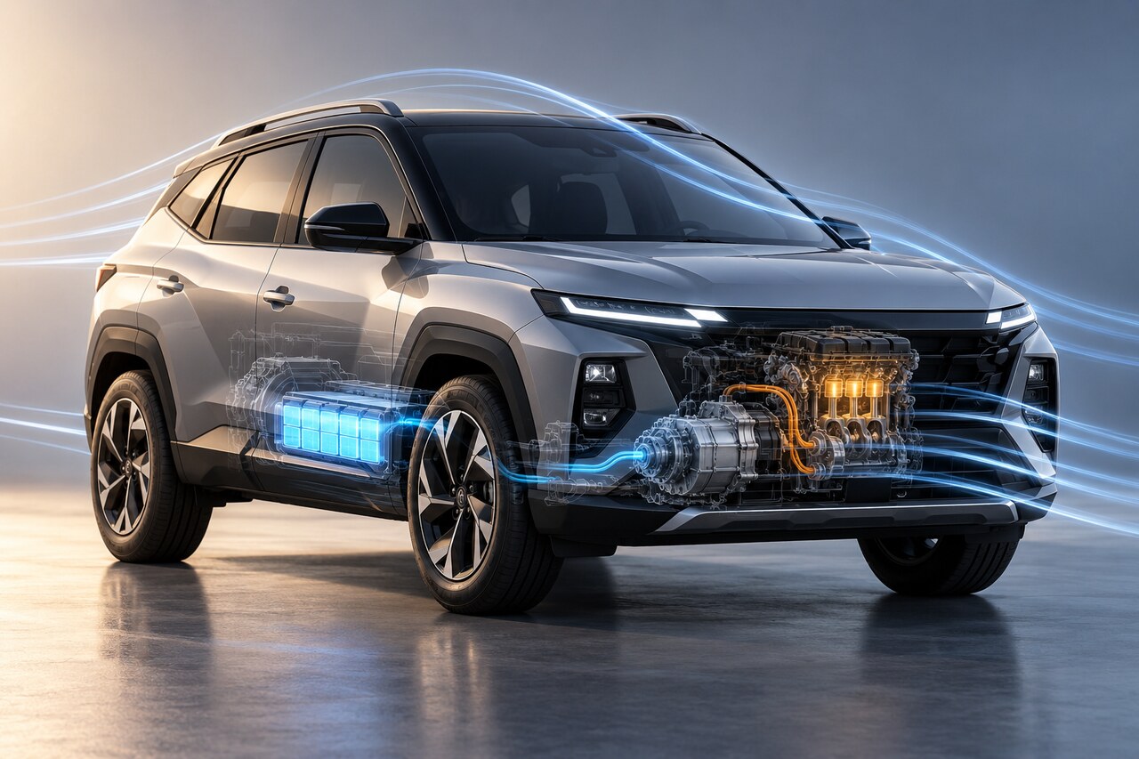 一辆无品牌紧凑型混动 SUV 配合透明电池与动力系统叠层的原创概念编辑插图。