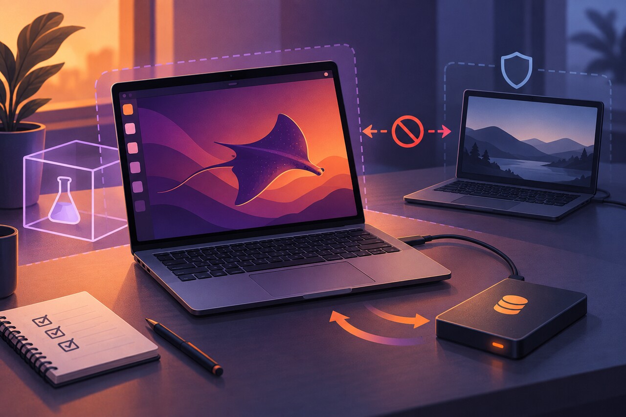 Watch at Ease 原创编辑插画:隔离的 Ubuntu Beta 测试电脑、备用设备、备份盘、恢复箭头、盾牌和检查清单。