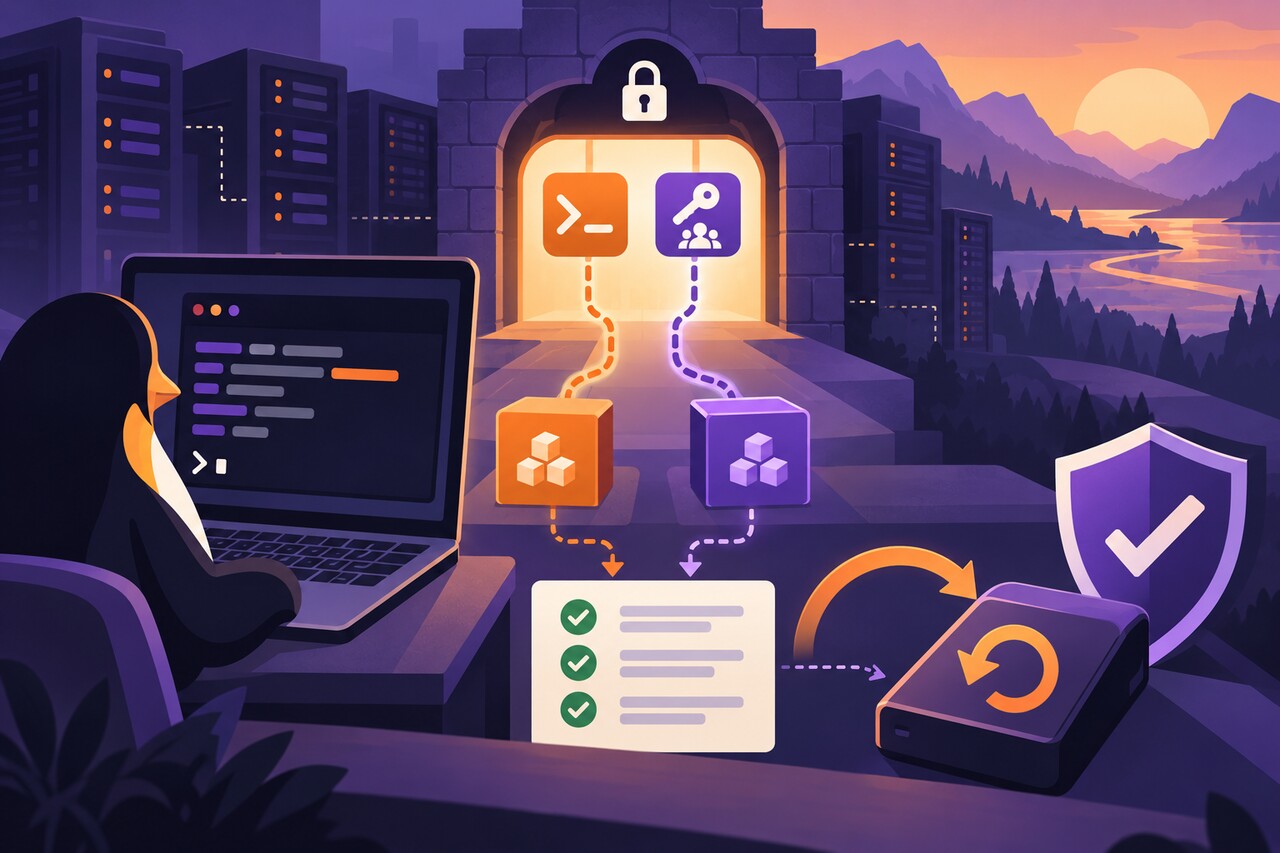 Original Watch at Ease editorial illustration of terminal blocks, remote-login package branches, a security gateway, checklist and restore path.