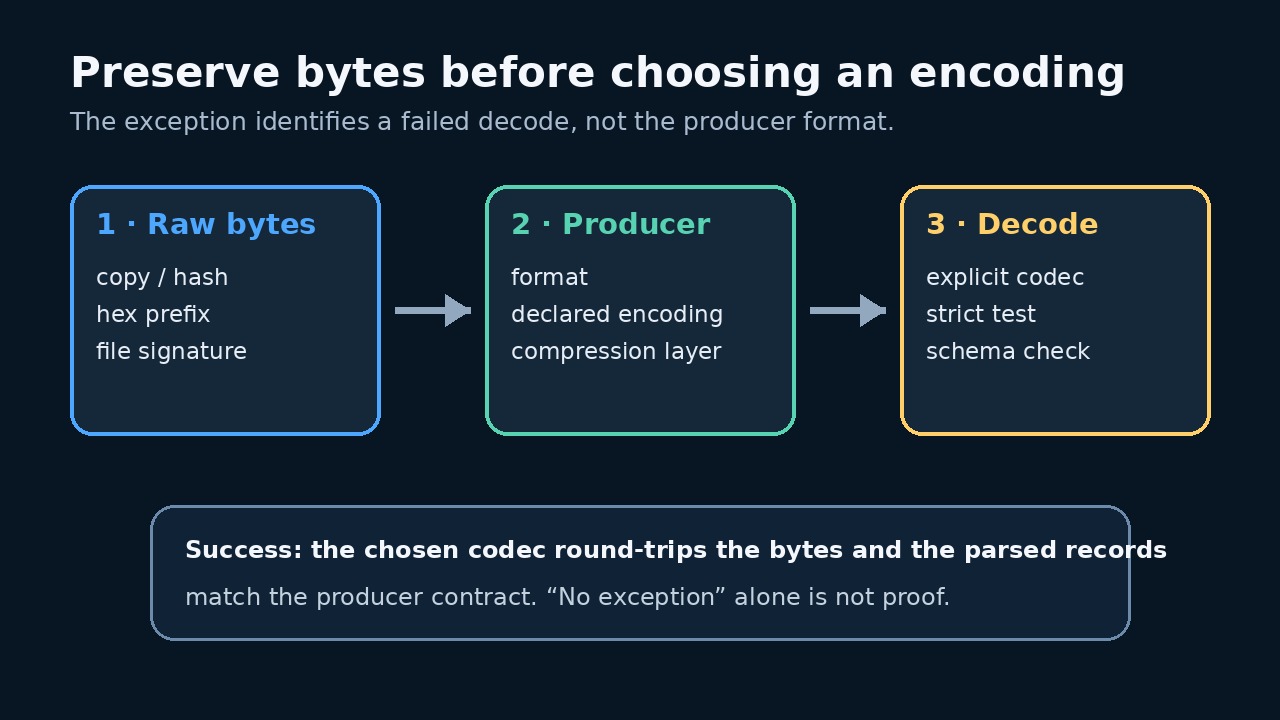 Original illustration: preserve the source bytes, prove the producer and container contract, then decode strictly.