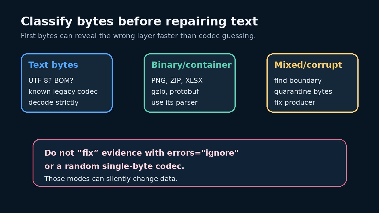Original illustration: separate text, binary containers, mixed streams and controlled diagnostic handling.
