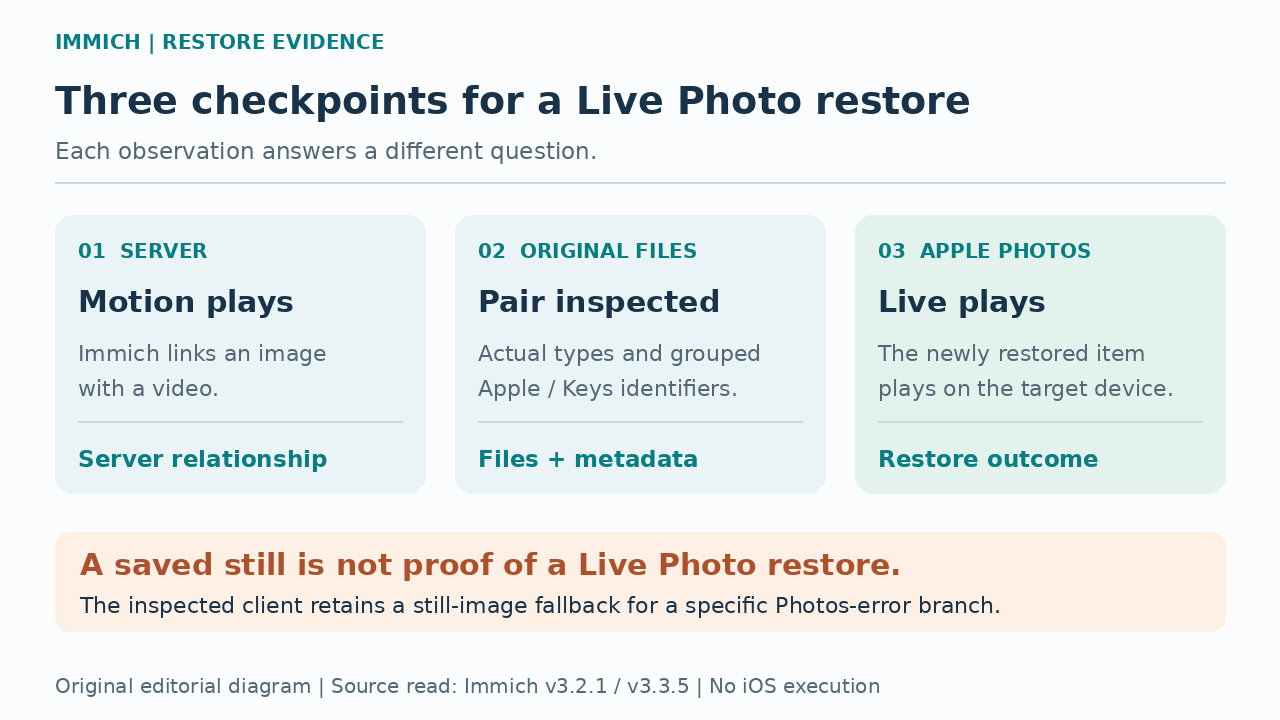 Original editorial diagram separating Immich server playback, original resource inspection and Apple Photos Live playback.