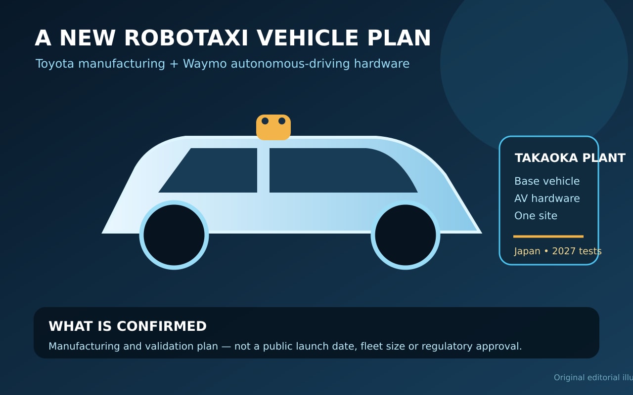 自動運転センサーを載せた一般的な電動クロスオーバーと高岡工場の統合情報を示すオリジナルイラスト。