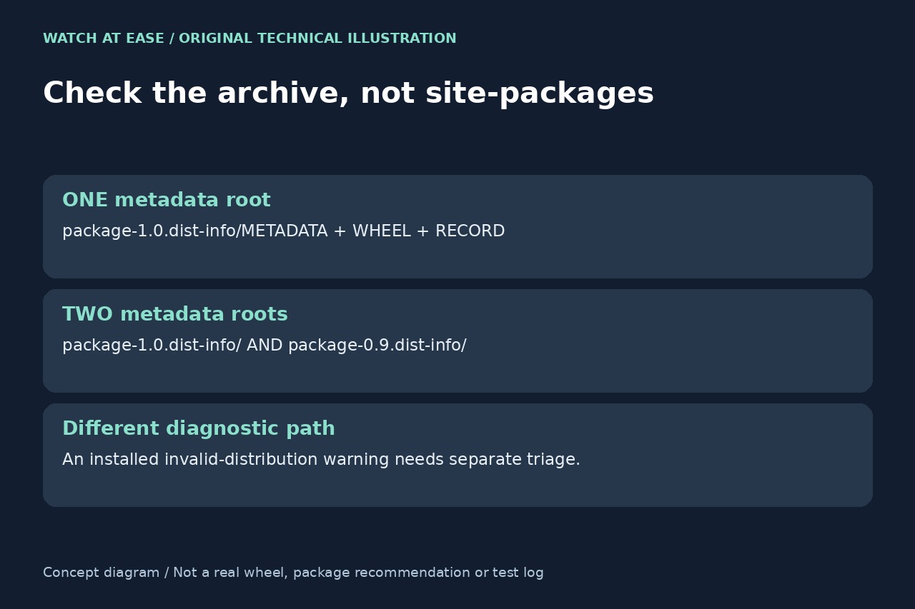 Original diagram distinguishing one metadata root, two roots and a separate installed-distribution warning.