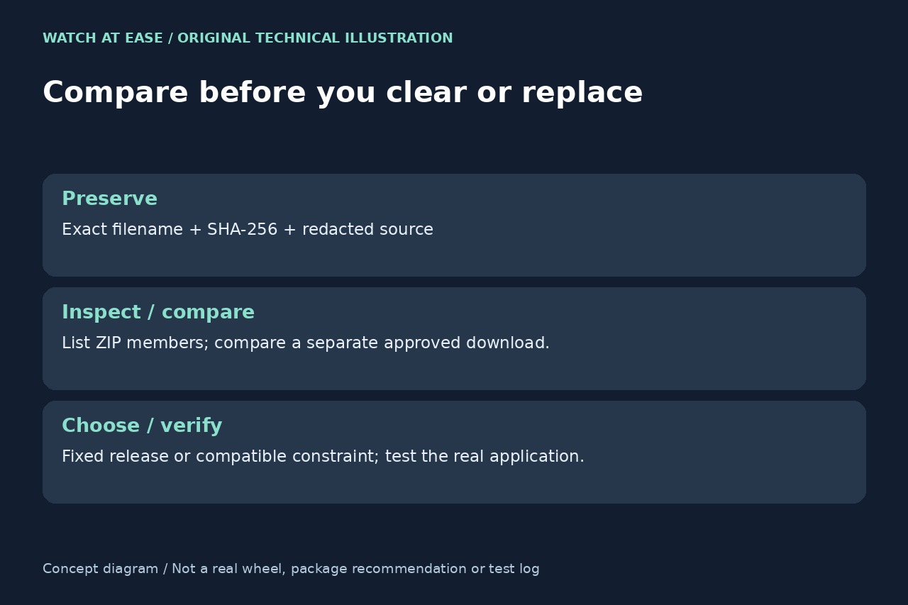 Original preserve, compare and verify workflow for a malformed wheel.