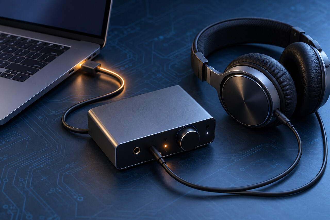 無品牌 USB 音訊介面與耳機連接筆電的原創技術概念插畫。