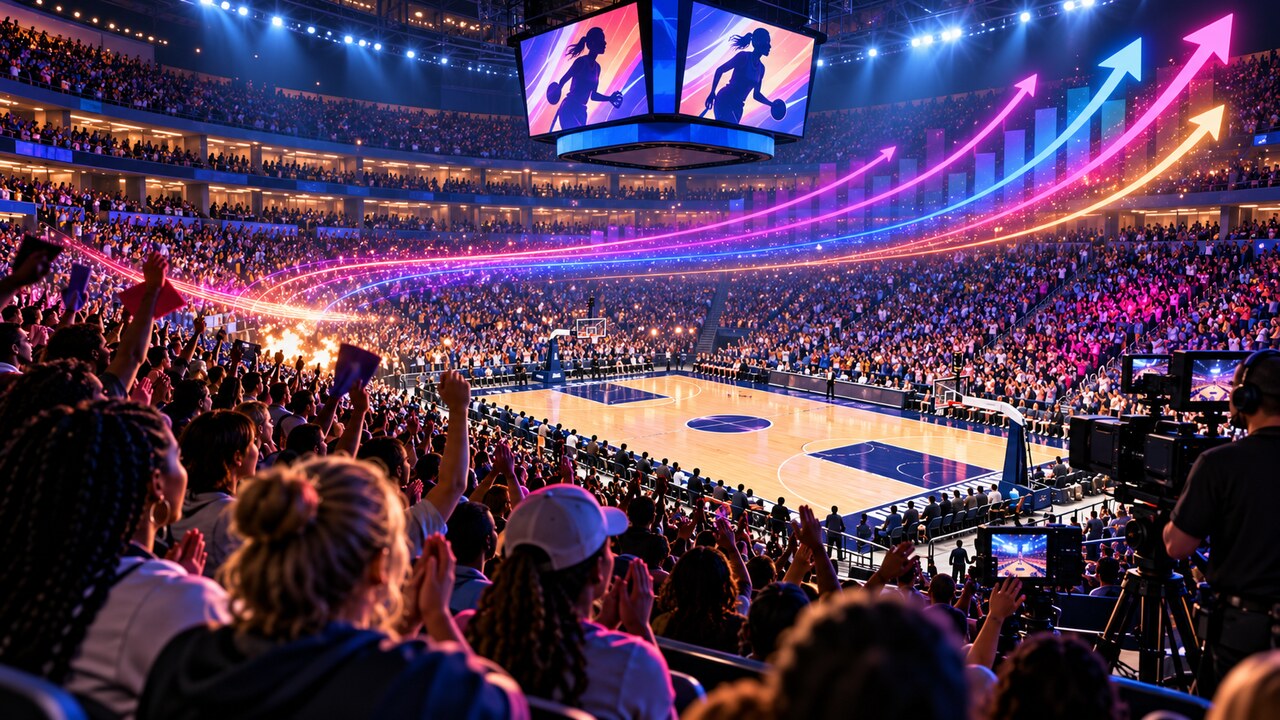 Original editorial illustration of a full basketball arena with abstract audience-growth trails.