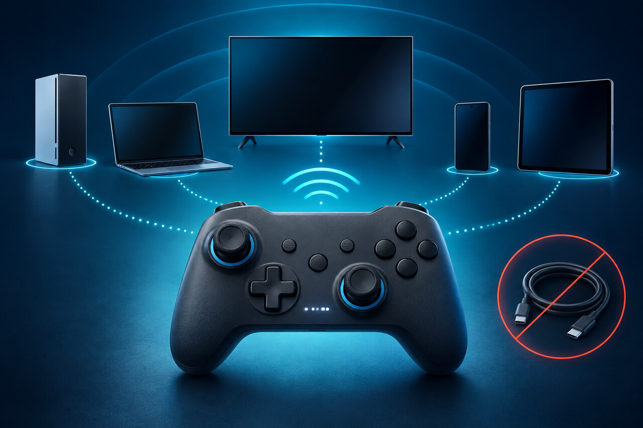 Original editorial illustration of a compact controller connecting wirelessly to a console, PC, phone, tablet and television, with a separate USB-C cable.