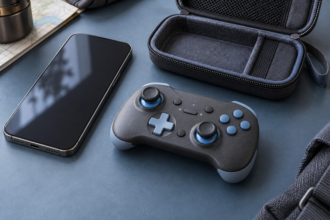 Original editorial illustration of an unbranded compact game controller beside a smartphone and open travel pouch.