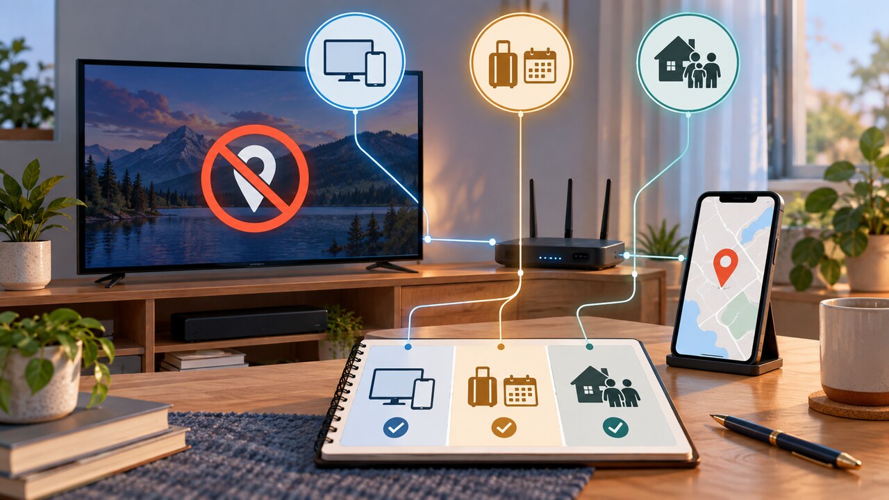 Original editorial illustration of a blocked television, phone and router arranged around three generic branches for device verification, travel timing and household eligibility.