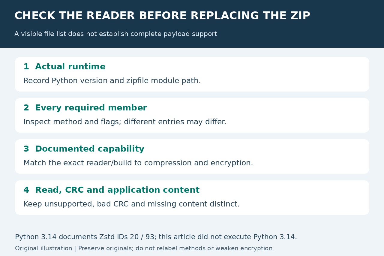 Original illustration: Check the actual runtime, each required member and documented reader capabilities before verifying payload and application content.